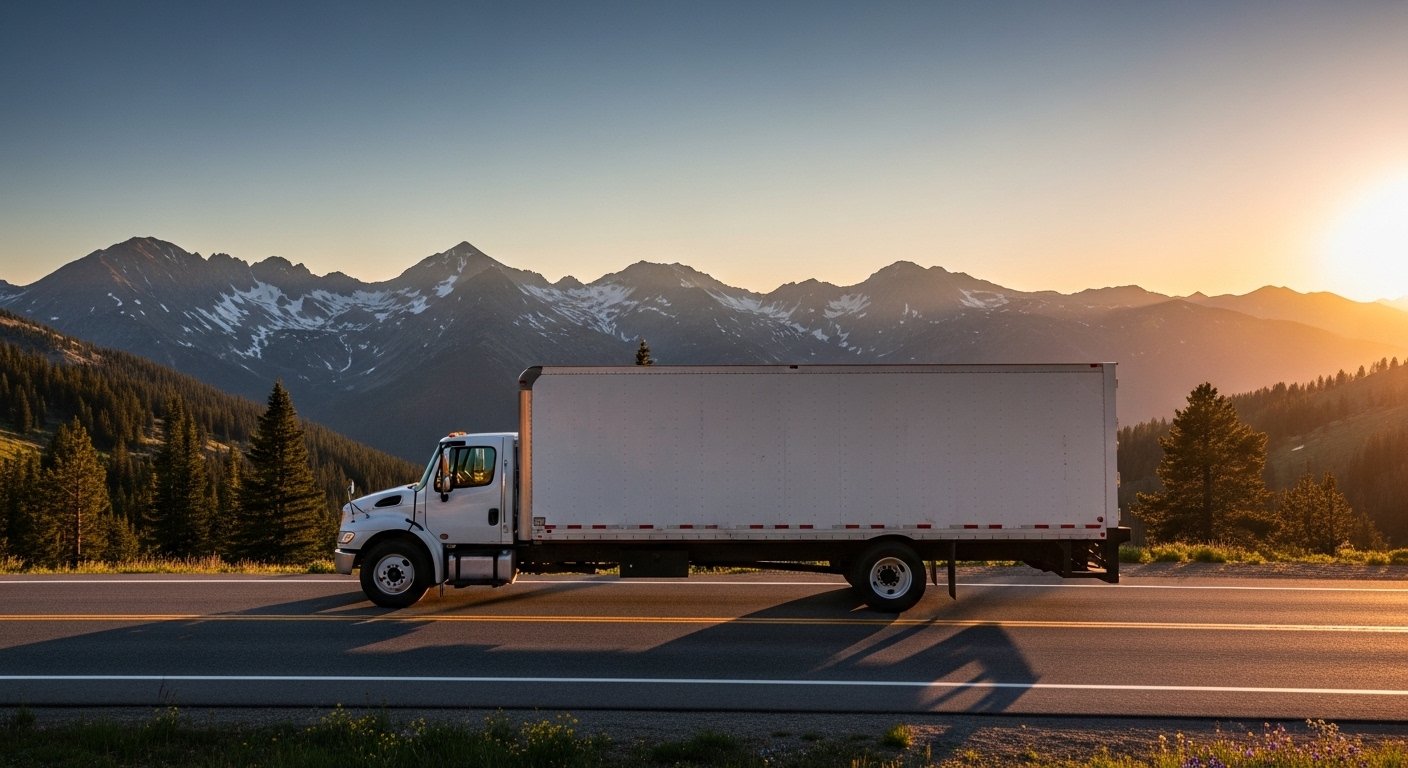 Kara Family Logistics truck on mountain highway at sunset